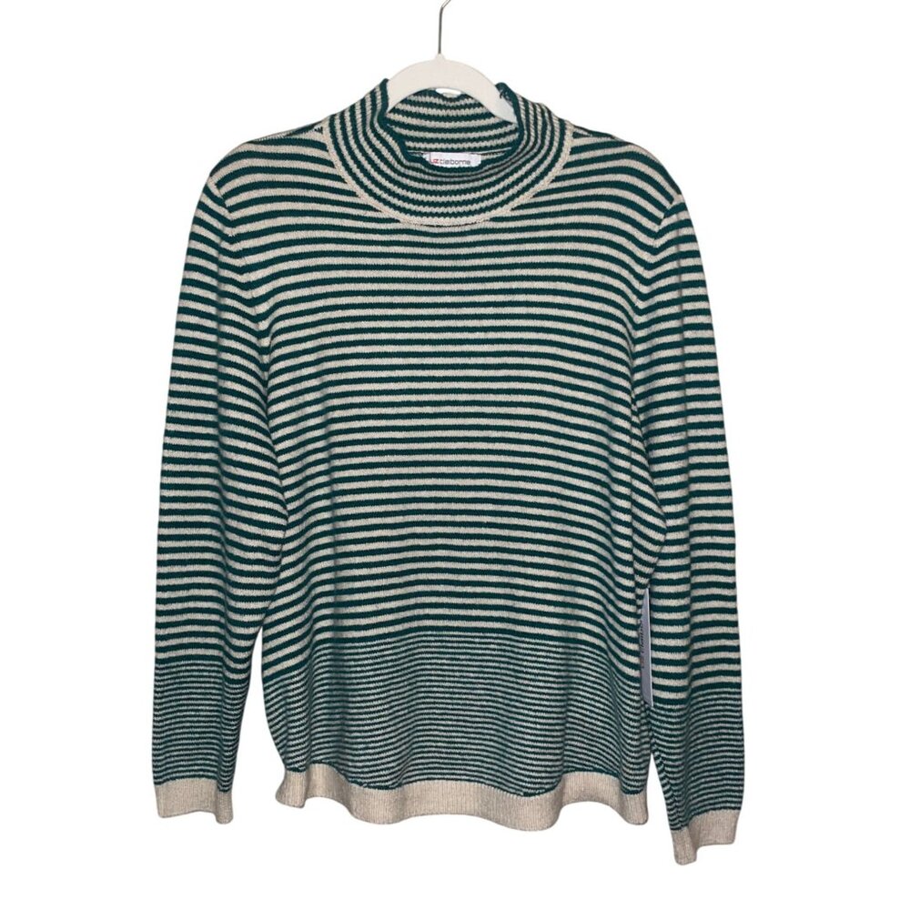 Liz Claiborne Emerald Green Cream Striped Mock Turtleneck Sweater NWT Size 1X
